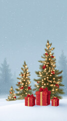 Obraz premium Vibrant Christmas tree decoration with red gift presents and aglow gold light in peaceful, snowy winter holiday landscape. magical and joyful festive celebration