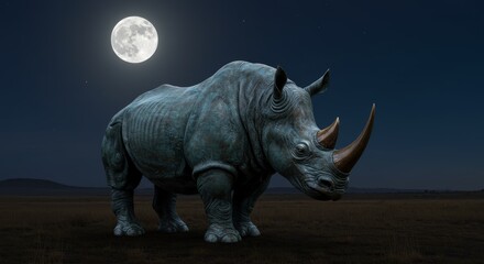 Fototapeta premium Majestic Rhinoceros under Moonlight: A solitary rhinoceros stands tall under the radiant glow of a full moon, embodying strength, resilience, and the serenity of the African night.