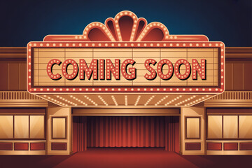 Captivating vintage marquee lights up a grand theater entrance announcing exciting new events and experiences are coming soon to delight audiences everywhere