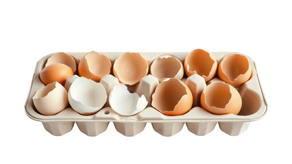 Empty eggshells in a carton, a collection of broken shells, representing the end of something or waste