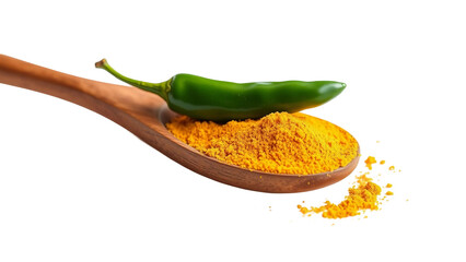 Spicy cooking ingredients concept with a fresh green chili pepper and yellow turmeric powder on a rustic wooden spoon against a white background