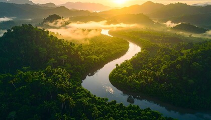 Aerial view of a winding river in a lush green landscape at sunrise, creating a serene environment