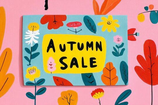 Colorful artwork showcases an autumn sale with bright leaves and flowers against a playful pastel background, inviting customers to take part in seasonal savings and festive shopping