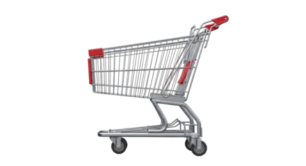 Isolated metallic shopping cart from supermarket or grocery store, angled to the right