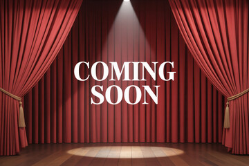Dramatic stage with elegant red velvet curtains parted to reveal a spotlighted empty platform, announcing exciting new beginnings and future events with a sense of anticipation and grandeur
