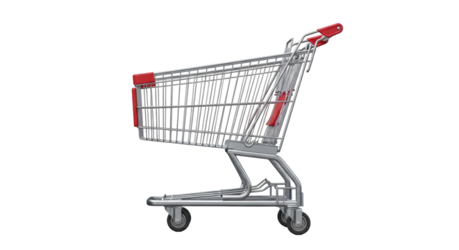 Isolated metallic shopping cart from supermarket or grocery store, angled to the right