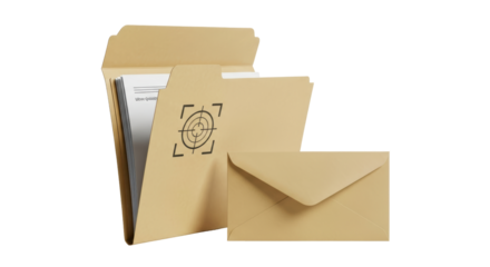 Isolated tan document folder with target graphic, confidential papers, and correspondence envelope