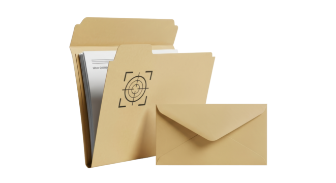 Isolated tan document folder with target graphic, confidential papers, and correspondence envelope