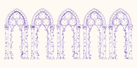 Gothic arches and columns adorned with delicate purple floral vines against a cream background