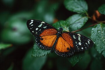 Fototapeta premium Close up of a vibrant orange monarch butterfly resting on wet green leaves
