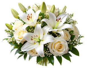  Realistic White Flowers Bouquet, Front View, Isolated PNG