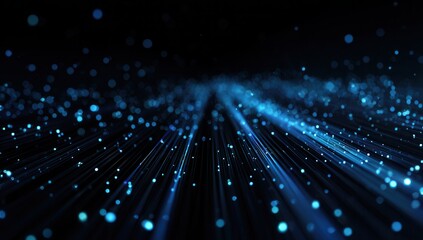 Abstract digital network of glowing blue lights and data streams on a dark background