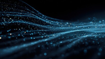 Abstract blue light trails and digital data streams on a dark background