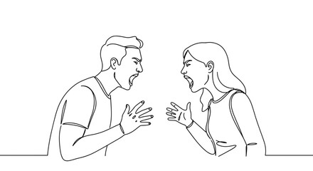 Fototapeta premium Angry couple arguing and shouting at each other in line style, transparent background 