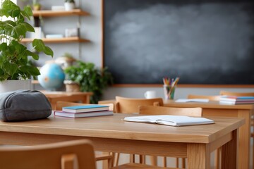 Empty classroom with wooden desks and chalkboard featuring green plants and supplies