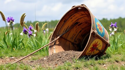 Vintage Bucket Upcycled into Flower Planter in Field