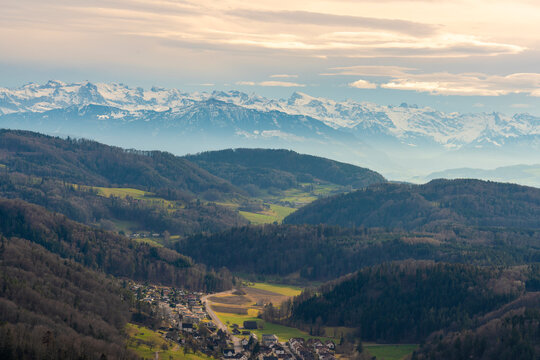Panoramic landscape view of nature surrounding Zurich, Switzerland