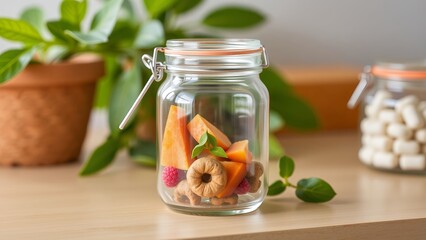 Vibrant Display of Clear Glass Jar with Fresh Fruit on a Countertop