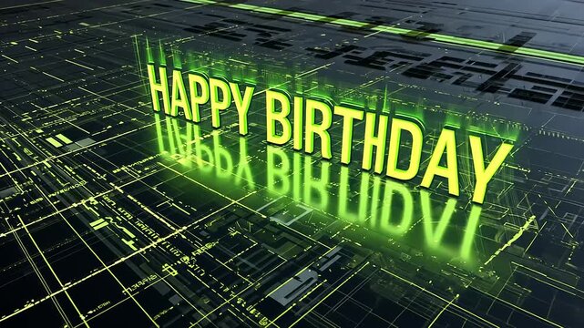 Happy Birthday" text with glowing green effect on techy background