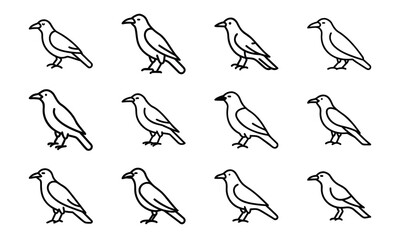 Set of bird line icons including dove, eagle, owl, parrot, peacock, and flying birds isolated on white background