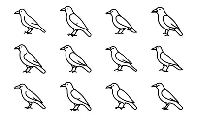 Set of bird line icons including dove, eagle, owl, parrot, peacock, and flying birds isolated on white background