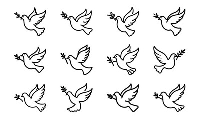 Set of bird line icons including dove, eagle, owl, parrot, peacock, and flying birds isolated on white background