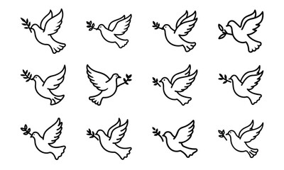 Set of bird line icons including dove, eagle, owl, parrot, peacock, and flying birds isolated on white background