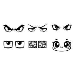 A diverse set of vector cartoon eyes expressing various emotions from angry and menacing to cute and hypnotic