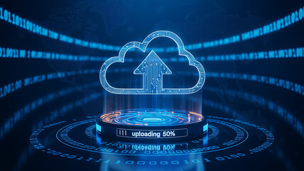 Futuristic cloud upload concept with digital data and global network backdrop