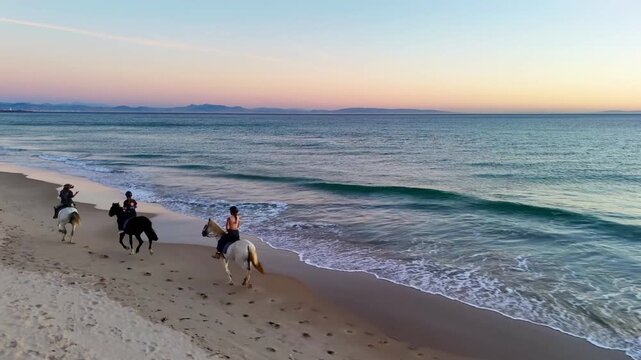 view of three people on horseback ride along a sandy beach at sunset, with a dog following them