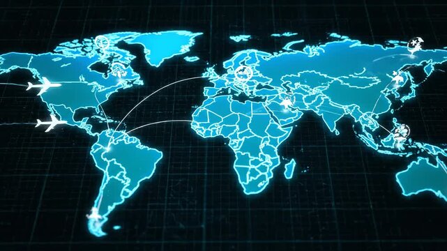 Dynamic digital world map with glowing blue continents, animated flight paths, and airplane icons illustrating global air travel routes on a dark grid background, showcasing international connectivity