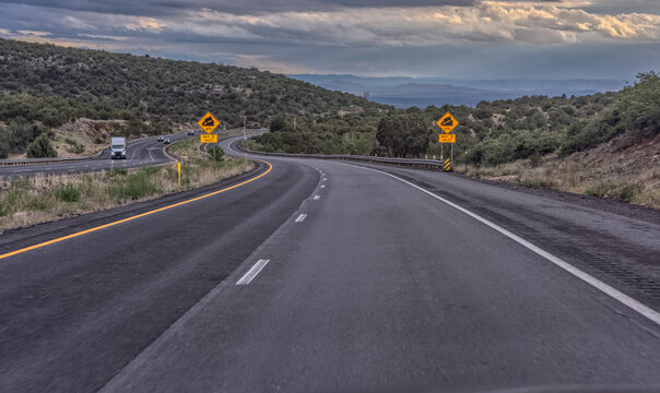 Approaching a steep grade on westbound I-40 near Ash Fork, Arizona, USA