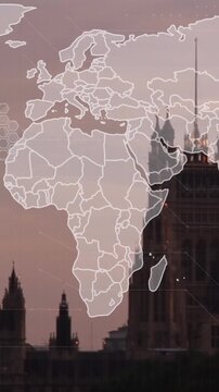 Animation of world map and data processing over london cityscape
