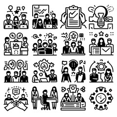 Collection of sixteen business and teamwork icons showing collaboration and problem solving scenarios in black and white