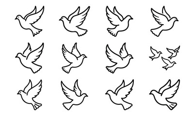 Set of bird line icons including dove, eagle, owl, parrot, peacock, and flying birds isolated on white background