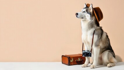 Siberian Husky Wearing Fedora Poses with Vintage Camera and Suitcase