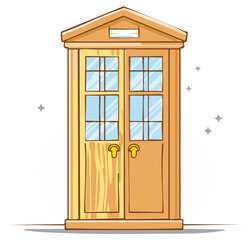 Obraz premium Whimsical cartoon illustration of a magical wooden double door with glowing sparkles
