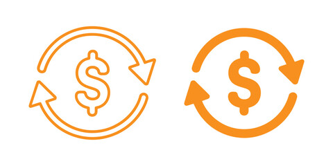 Dollar sign with circular arrows isolated on white background representing money exchange, refund, or investment