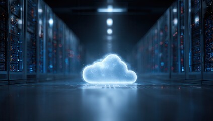 Glowing blue cloud symbol in futuristic server room with light beams