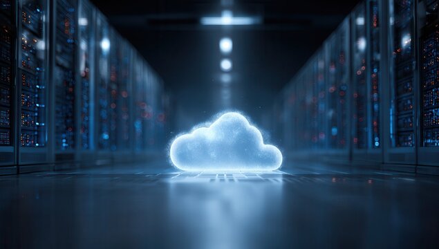 Glowing blue cloud symbol in futuristic server room with light beams