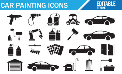 Car painting and auto body repair icons set with spray guns and polish tools