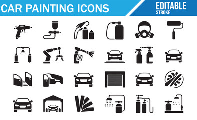 Set of car painting icons with spray guns, masks, polishing tools, paint cans, robotic arms, color palettes, garage, and cars in editable silhouette style for automotive repair, detailing, and worksho