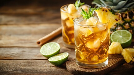 Fototapeta premium Home fresh ice tea with lime and pineapple on wooden table