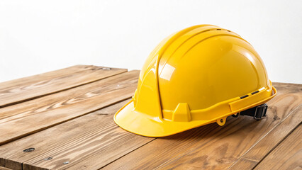 Bright yellow construction helmet resting on wooden surface in a workspace