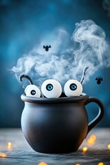 Spooky halloween cauldron with floating eyeballs and smoke amidst pumpkins and candles