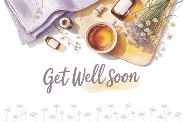 Send comforting healing vibes with this serene watercolor art featuring herbal tea, essential oils, and lavender for a thoughtful get well soon message