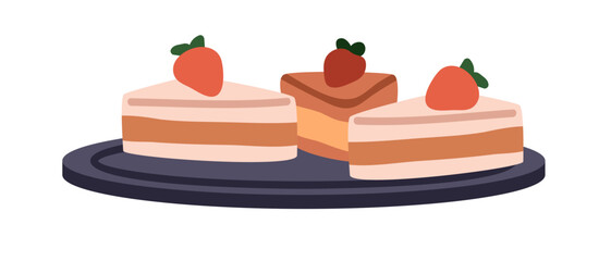 Cake pieces on plate. Sweet dessert slices with strawberry decoration. Sugar food, tasty pastry. Cream layered treats, yummy patisserie. Flat vector illustration isolated on white background