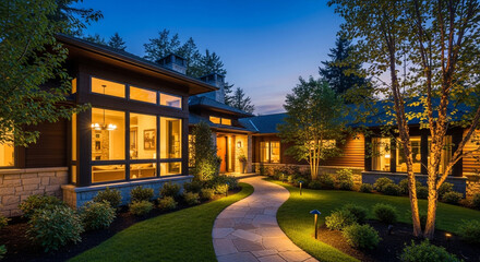 Obraz premium Walk the lit stone path to your modern home with stunning architecture and verdant landscaping at twilight