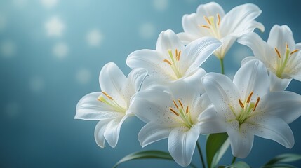 Beautiful white lilies arranged elegantly in soft lighting against a blue background, creating a serene atmosphere