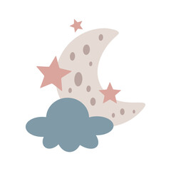 Pastel crescent moon with cloud and stars. Minimalistic celestial vector illustration